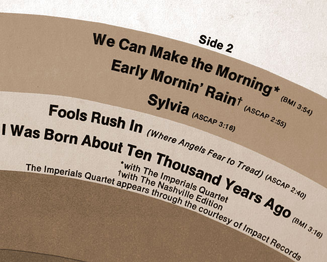 Close-up of ELVIS NOW back cover (1972)