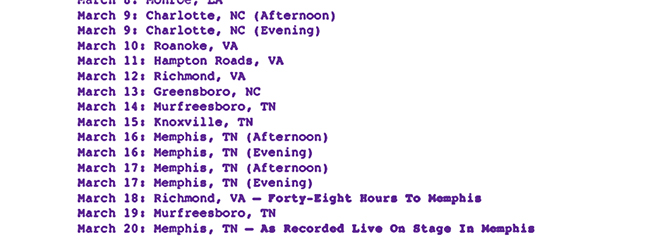 Elvis Presley's March 1974 tour schedule (partial)