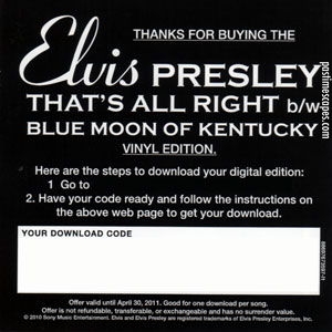 Back of insert from 2010 Record Store Day reissue of THAT'S ALL RIGHT/BLUE MOON OF KENTUCKY (Single), Sony RCA/Legacy 2009. (From the author's collection.)