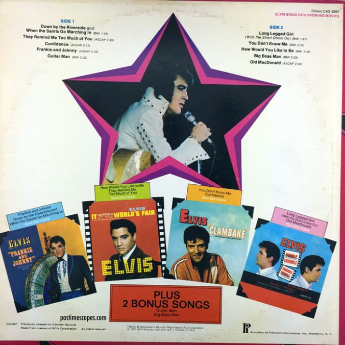 Back cover of ELVIS SINGS HITS FROM HIS MOVIES, VOLUME 1 (Pickwick, 1975/1980) [Photo by the author]