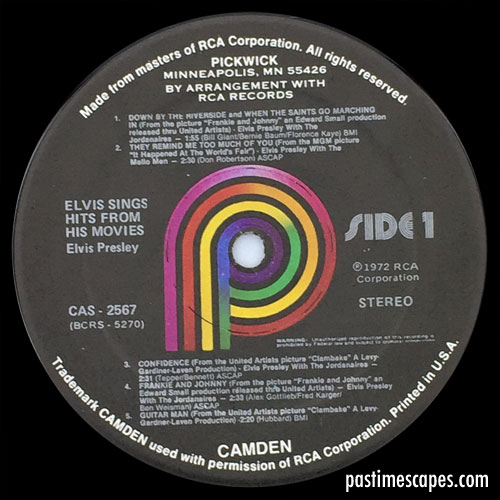 Side 1 of ELVIS SINGS HITS FROM HIS MOVIES, VOLUME 1 (Pickwick, 1975/1980) [Photo by the author]