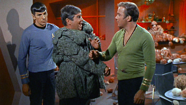 Leonard Nimoy is Mister Spock, Stanley Adams is Cyrano Jones, and William Shatner is Captain James T. Kirk in the 1967 STAR TREK episode "The Trouble With Tribbles" (Desilu)