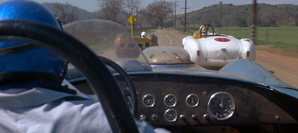 View from the #9 car, driven by Mike McCoy, during the Santa Fe Road Race in 1966's SPINOUT (MGM)