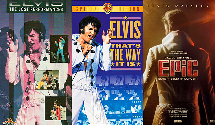 VHS covers for ELVIS: THE LOST PERFORMANCES (1992) and ELVIS: THAT'S THE WAY IT IS - SPECIAL EDITION (2001); teaser poster for EPiC: ELVIS PRESLEY IN CONCERT (2025)